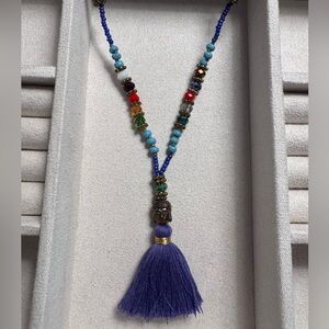 Boho Multicolor Beaded Necklace w/ Purple Tassel – Long Statement Piece